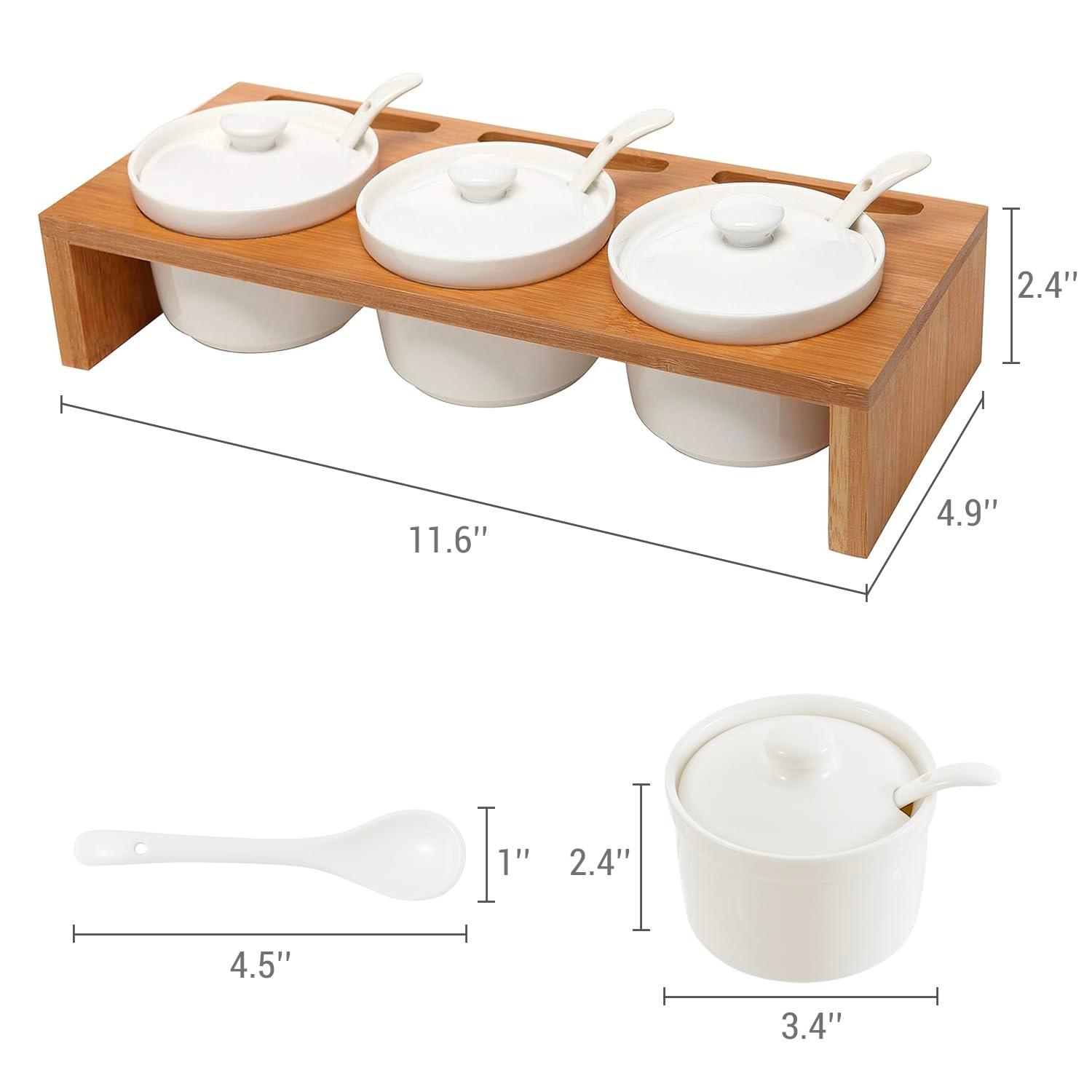 Stack man 10 Piece Condiment Pot Serving Set Includes Premium Solid Bamboo Wood Raised Display Server Tray And 3 Ceramic Ramekin Dip Bowls With Lids And Spoons