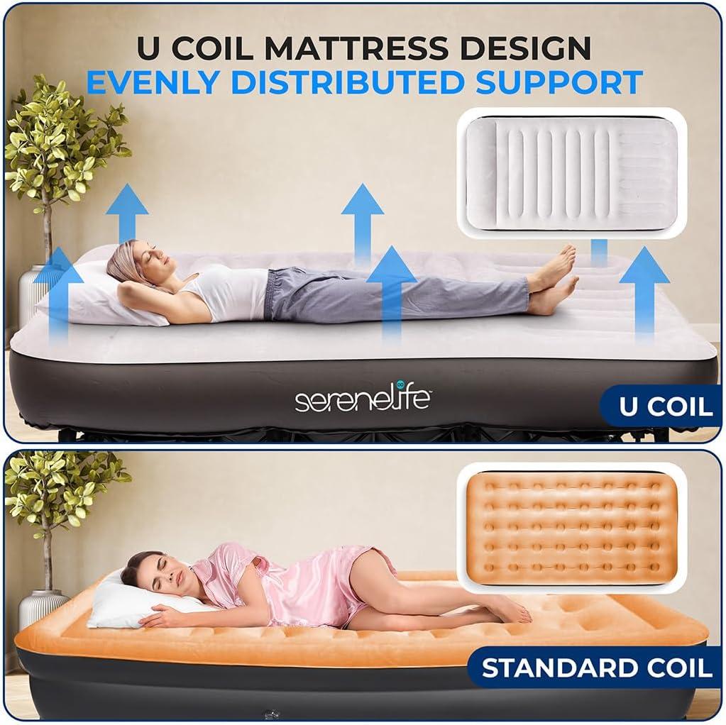 SereneLife Luxe Series EZ Bed - Twin Air Mattress with Frame, Internal Pillow, Memory Foam Cover, Built-In Pump - 20" Raised Height