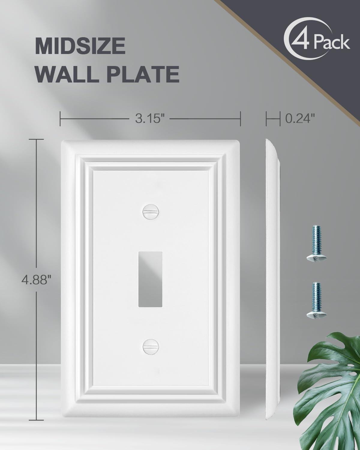 Modern Decorative Wall Plate Switch Plate Outlet Cover, Vintage Retro Wood Grain Design(Single Toggle-4 Pack, White)