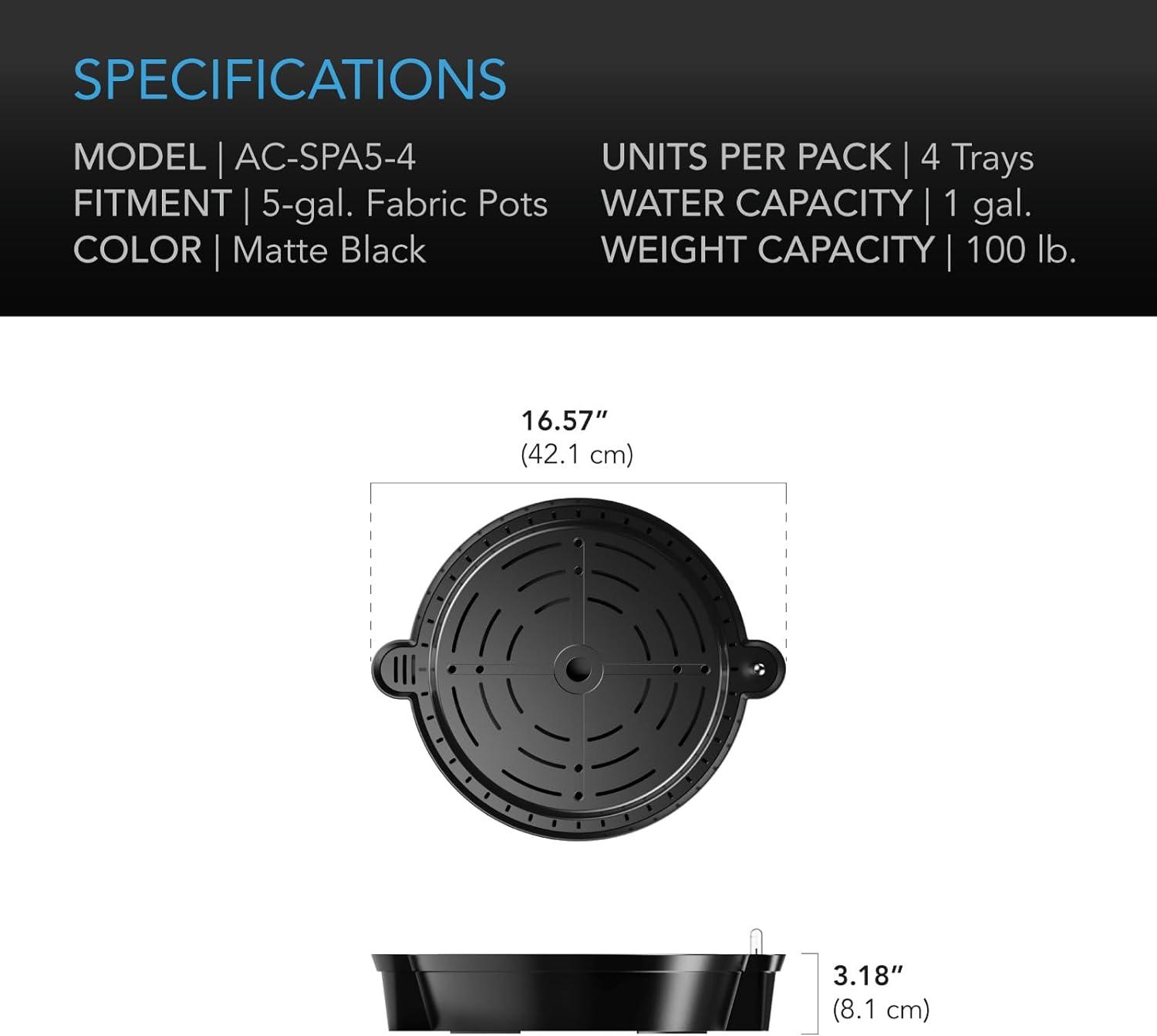 AC Infinity Round Black Plant Saucers with Self-Watering Base (4 Count)