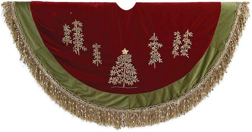 Kurt Adler 50" Burgundy Ribbon Trees Tree skirt with Green Tassel Border