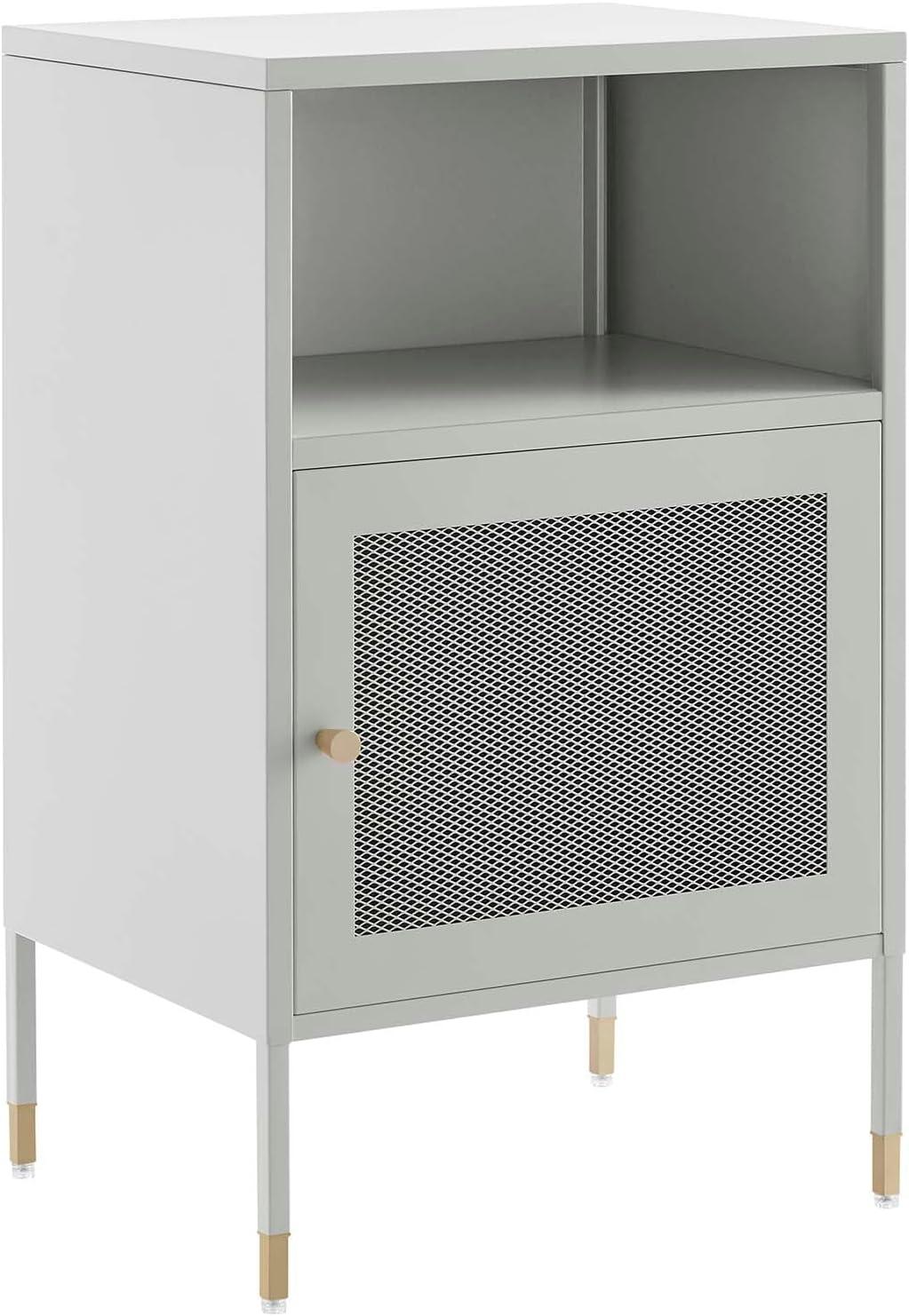 Light Gray Metal Side Table with Storage and Mesh Door