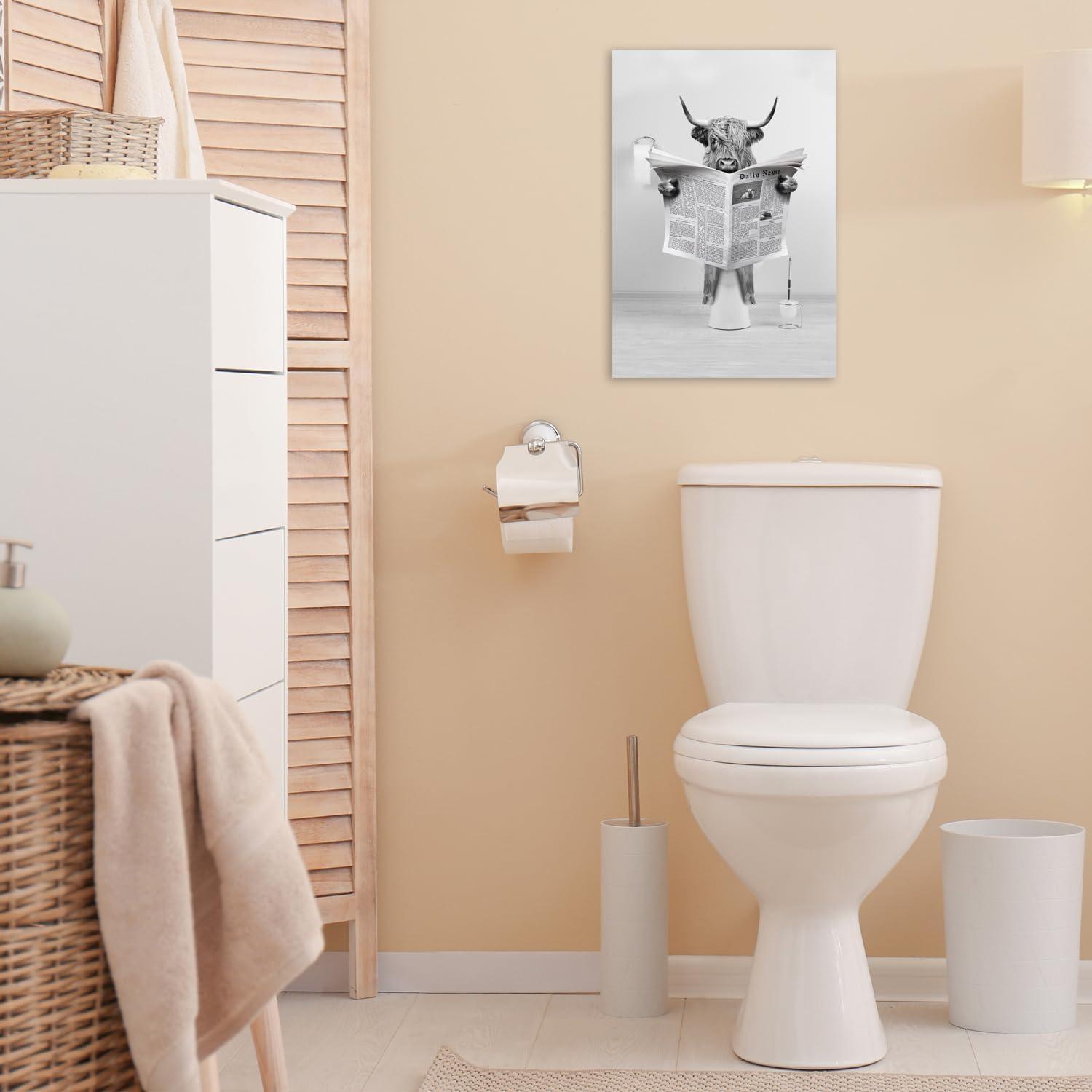 Modern Black Framed Highland Cow Wall Art Minimalist Bathroom Wall Decor Cute Funny Animals Artwork Canvas Prints Ready to Hang for Guest Bathroom, Hotel, Condo, Kids Bathroom, 12”x16”