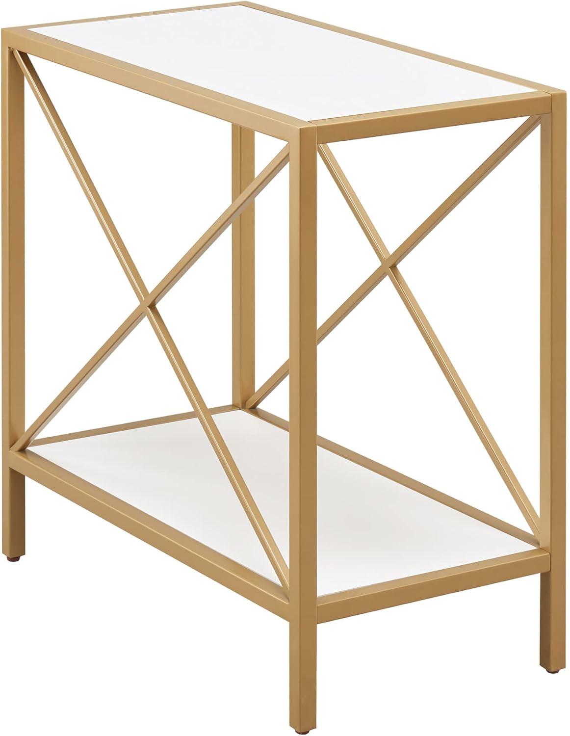 Narrow White and Gold Metal Frame Wood Top End Table