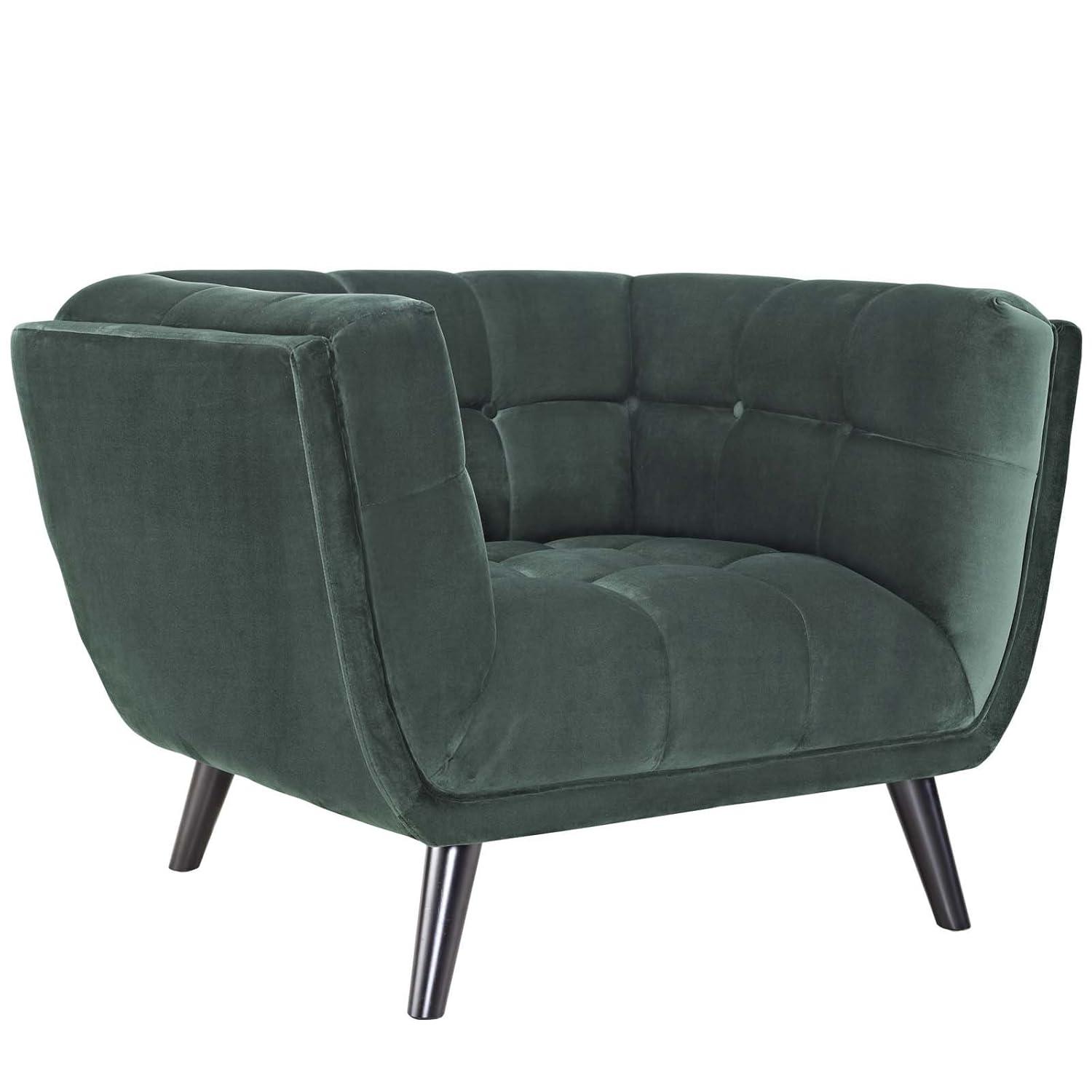 Green Velvet Mid-Century Modern Armchair with Black Legs