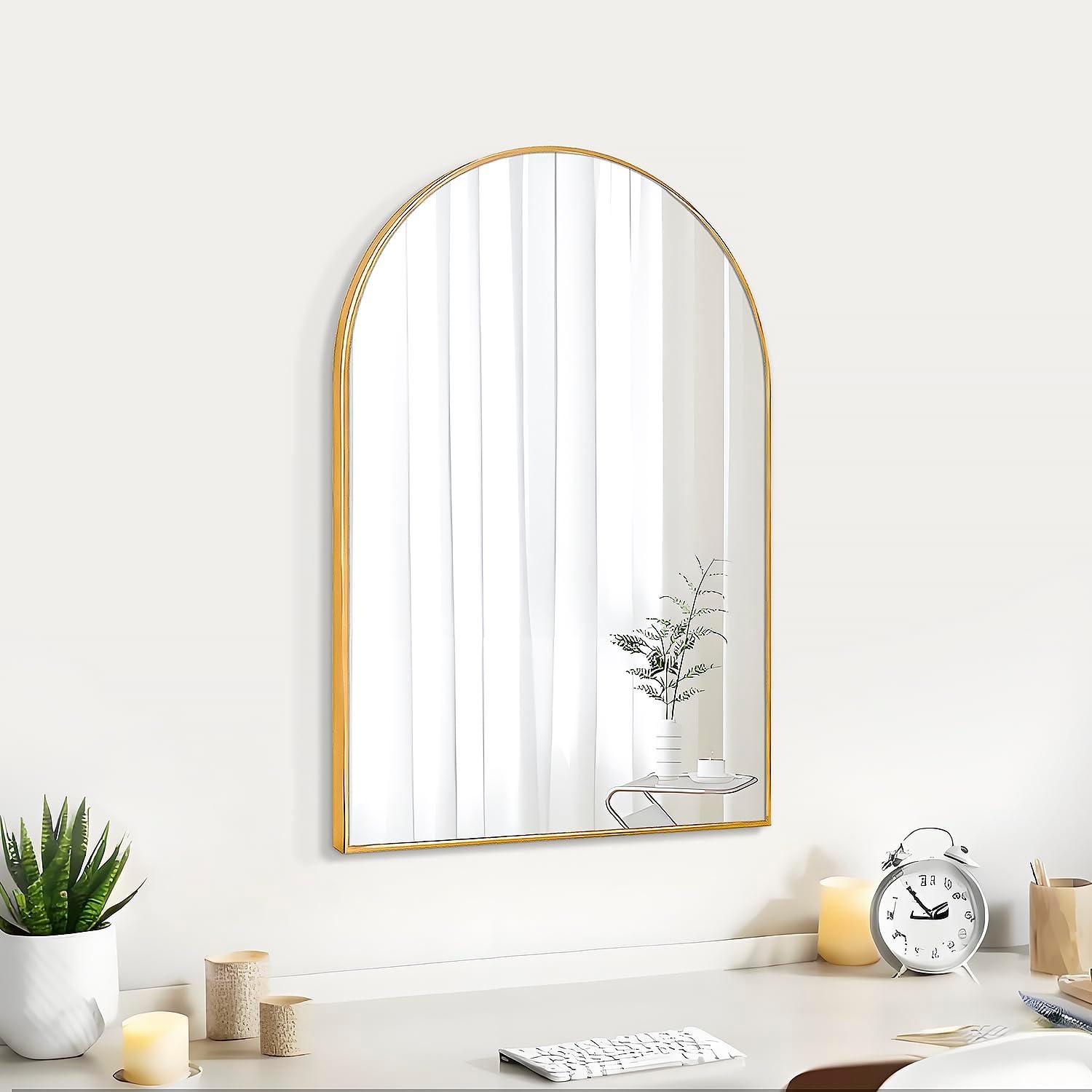 Luxhomez 36" x 24" Arch Wall Mirror for Vanity/ Bathroom, Metal Bathroom Mirror with Waterproof Aluminum Alloy Frame, Gold