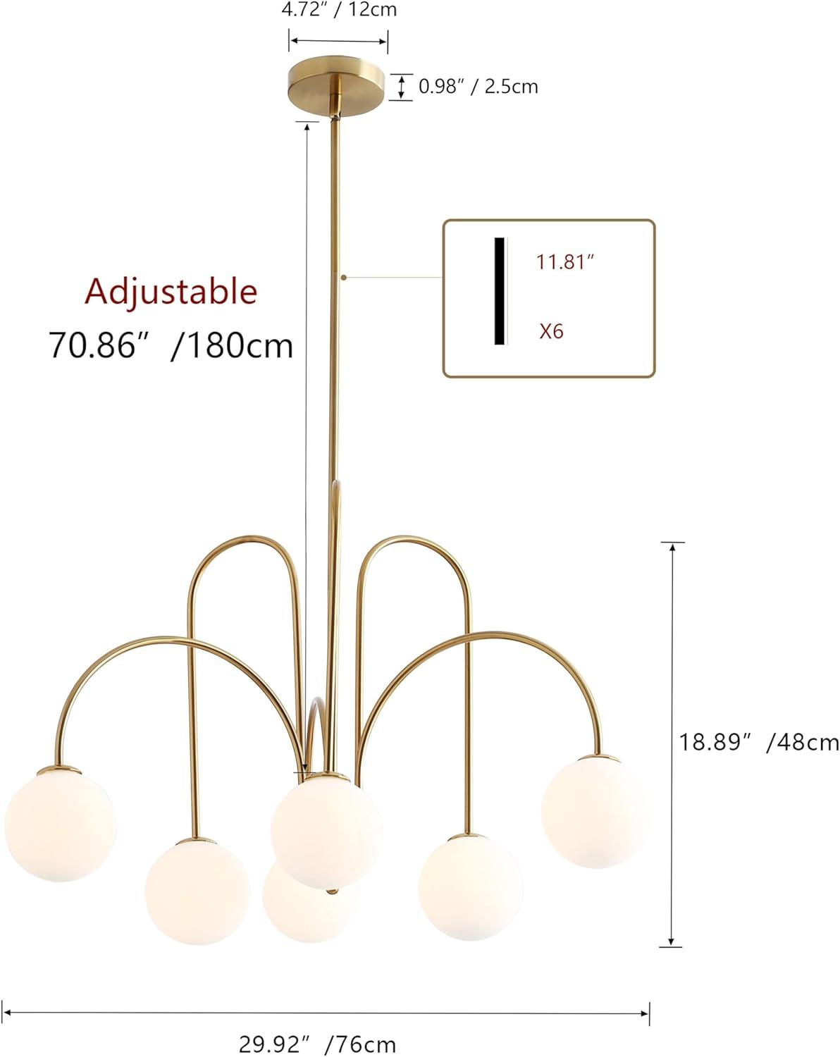 Elegant Brass 6-Light Globe Chandelier with Adjustable Height