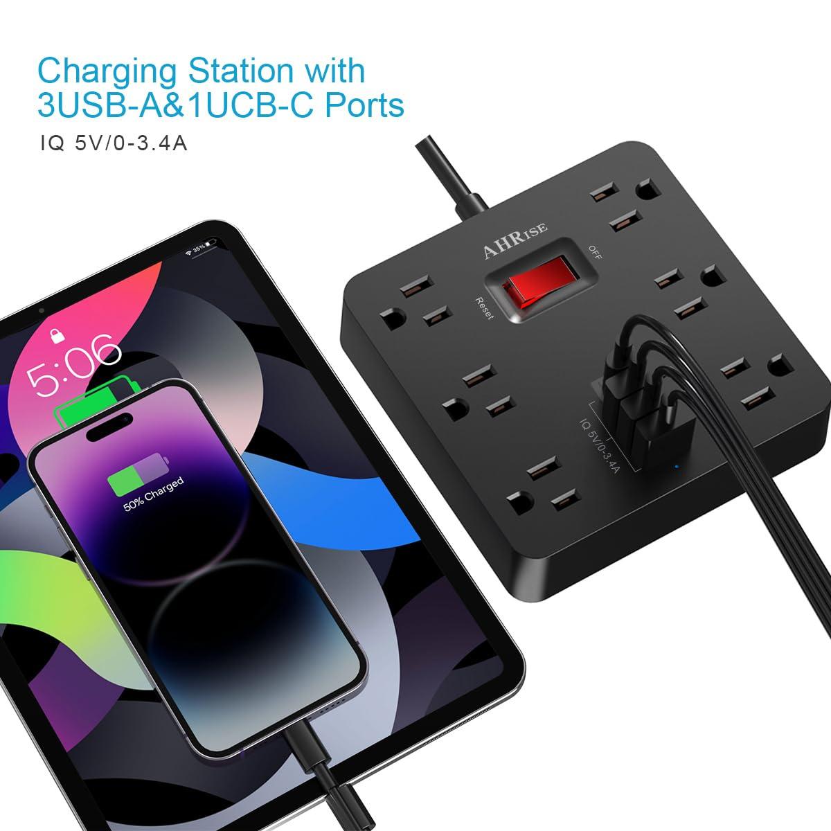 ONDOG 5ft Extension Cord - 6 AC Outlets and 4 USB Charging Ports, Power Strip for Home, Office, Black