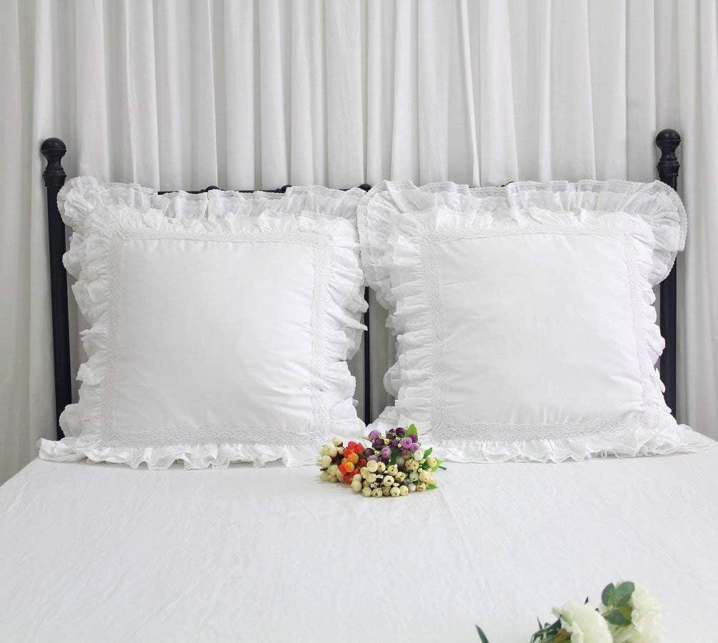 Lemfux Cotton Euro Shams with White Lace Ruffles, 26 x26 Inch, Set of 2,Rustic Farmhouse Lace Shabby Soft Breathable Bridal Pure White European, White Decorative Pillow Covers