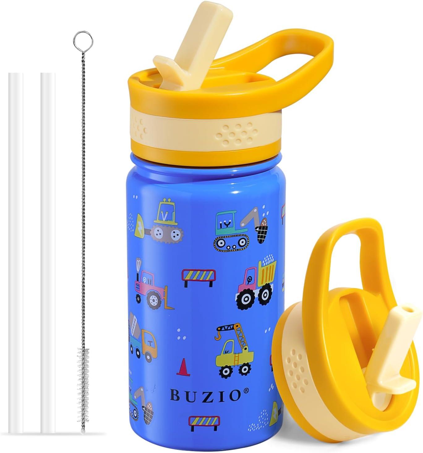 Buzio Insulated Water Bottle with Straw for Kids, 2 Lids Double Vacuum Metal Water Bottle, 14 Ounce, Blue Shark