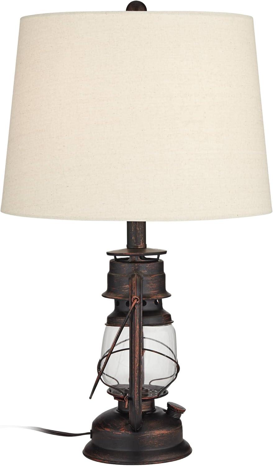 Franklin Iron Works Murphy Rustic Industrial Accent Table Lamp Miner Lantern 23" High Red Bronze Oatmeal Fabric Shade for Bedroom Living Room Office