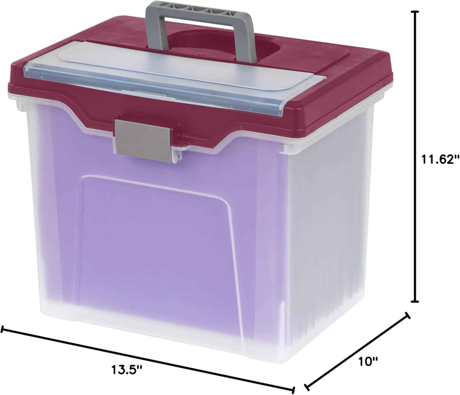 Large Clear and Burgundy Portable File Box with Lockable Buckle