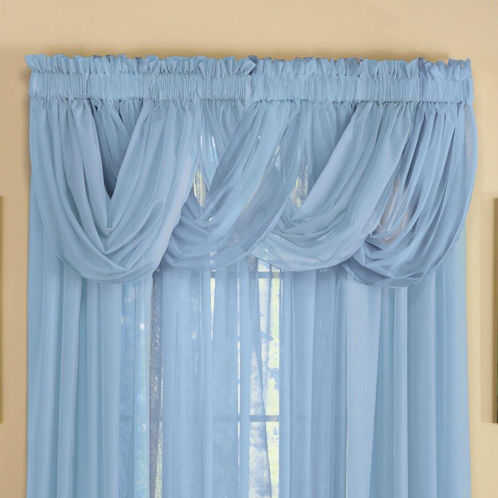 Collections Etc Scoop Two-Piece Rod Pocket Solid-Colored Sheer Valances for Windows, Decorative Accent and Added Privacy for Any Room in Home, Blue