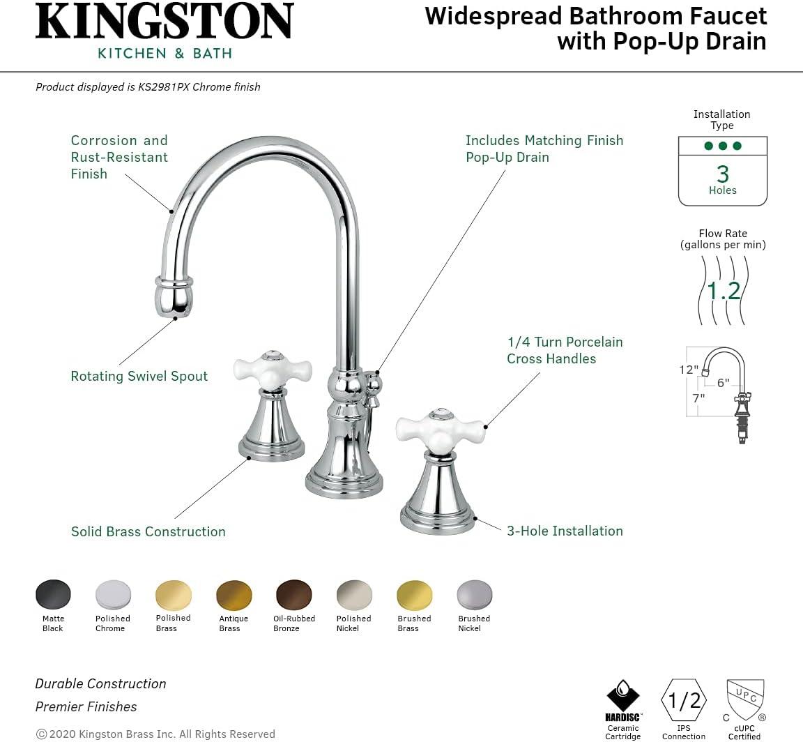 Kingston Brass Governor Two-Handle 3-Hole Deck Mount Widespread Bathroom Faucet with Brass Pop-Up Drain