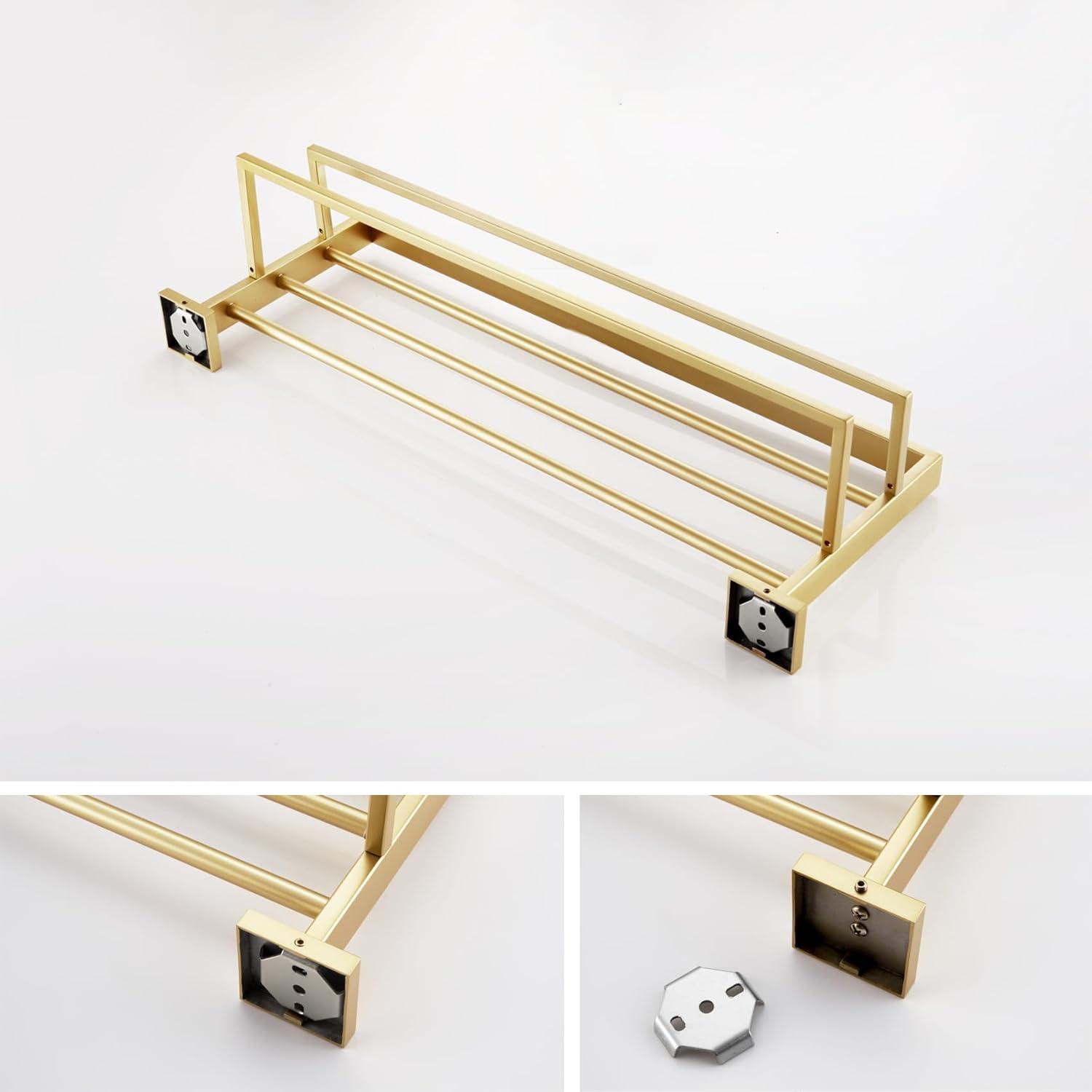 KOKOSIRI Towel Shelf Holder 24'' Bathroom Towel Rack with Two Bath Towel Bars Rails SUS304 Stainless Steel Wall Mount, Brushed Gold, B6003BG