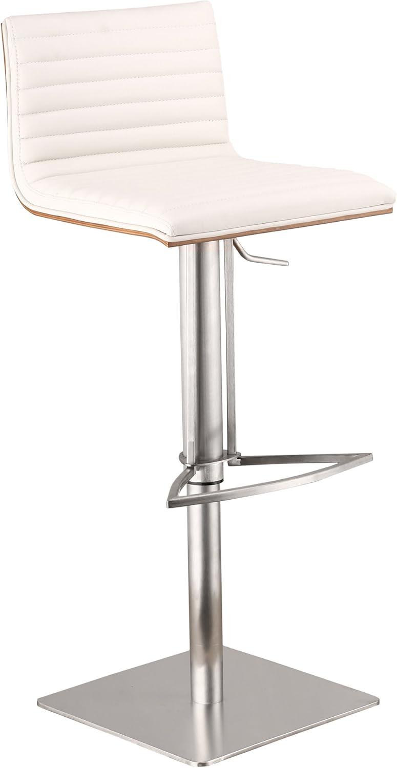 Armen Living Indoor Café Adjustable Height Swivel White Faux Leather and Walnut Bar Stool with Brushed Stainless Steel Base