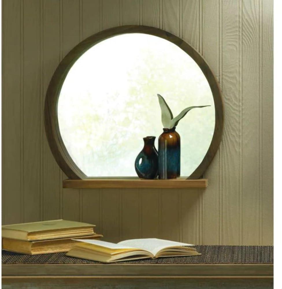 Round Wooden Mirror with Shelf 17.75x2.75x16"