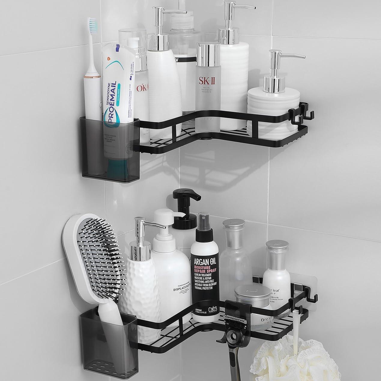 Corner Shower Caddy 2 Pack Organizer Shelves No Drilling Stainless Steel with Hooks&Toothpaste Holder