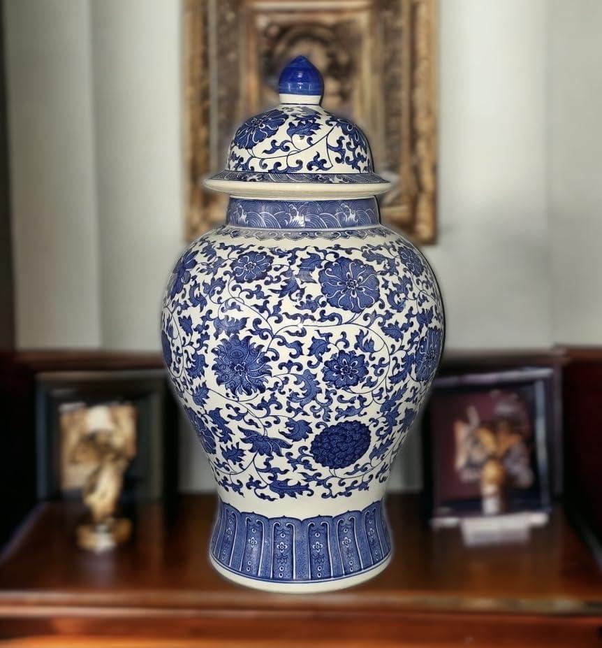 24" Floral Blue & White Porcelain Temple Jar