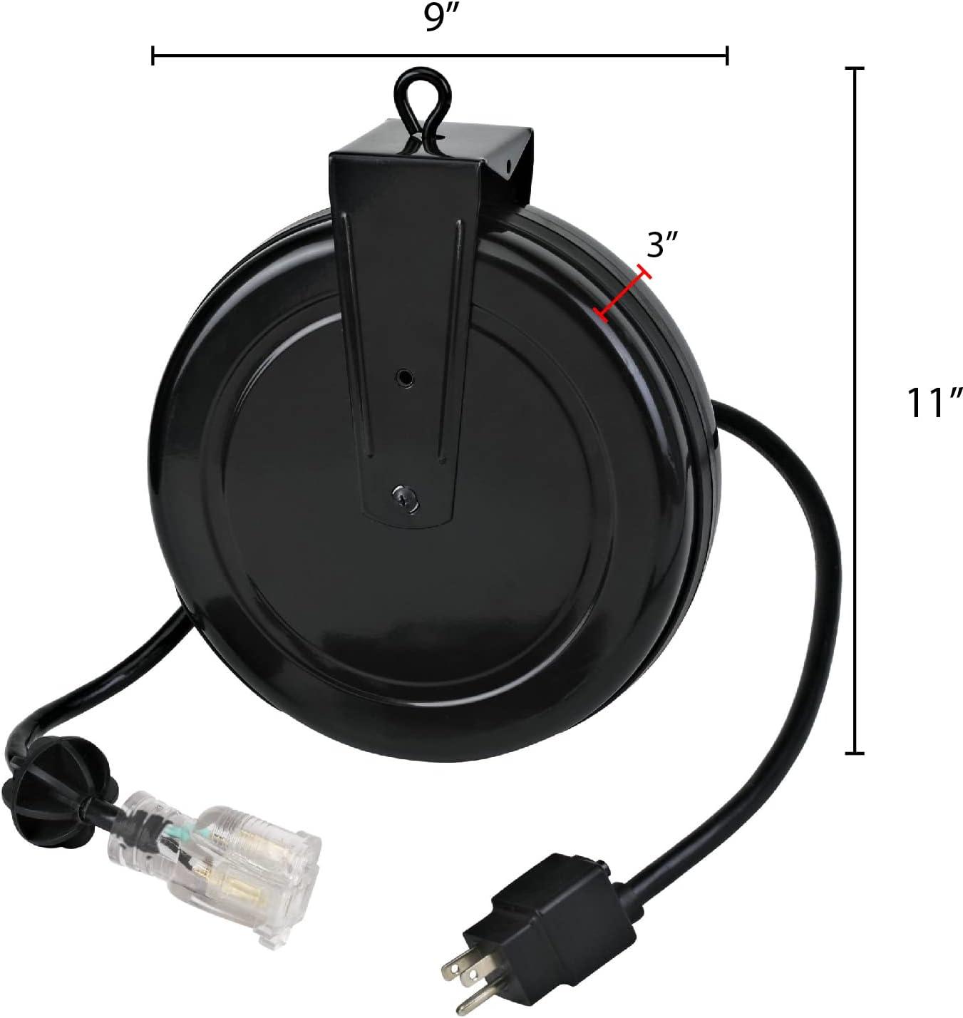 Black Industrial Retractable Extension Cord Reel with Single Outlet