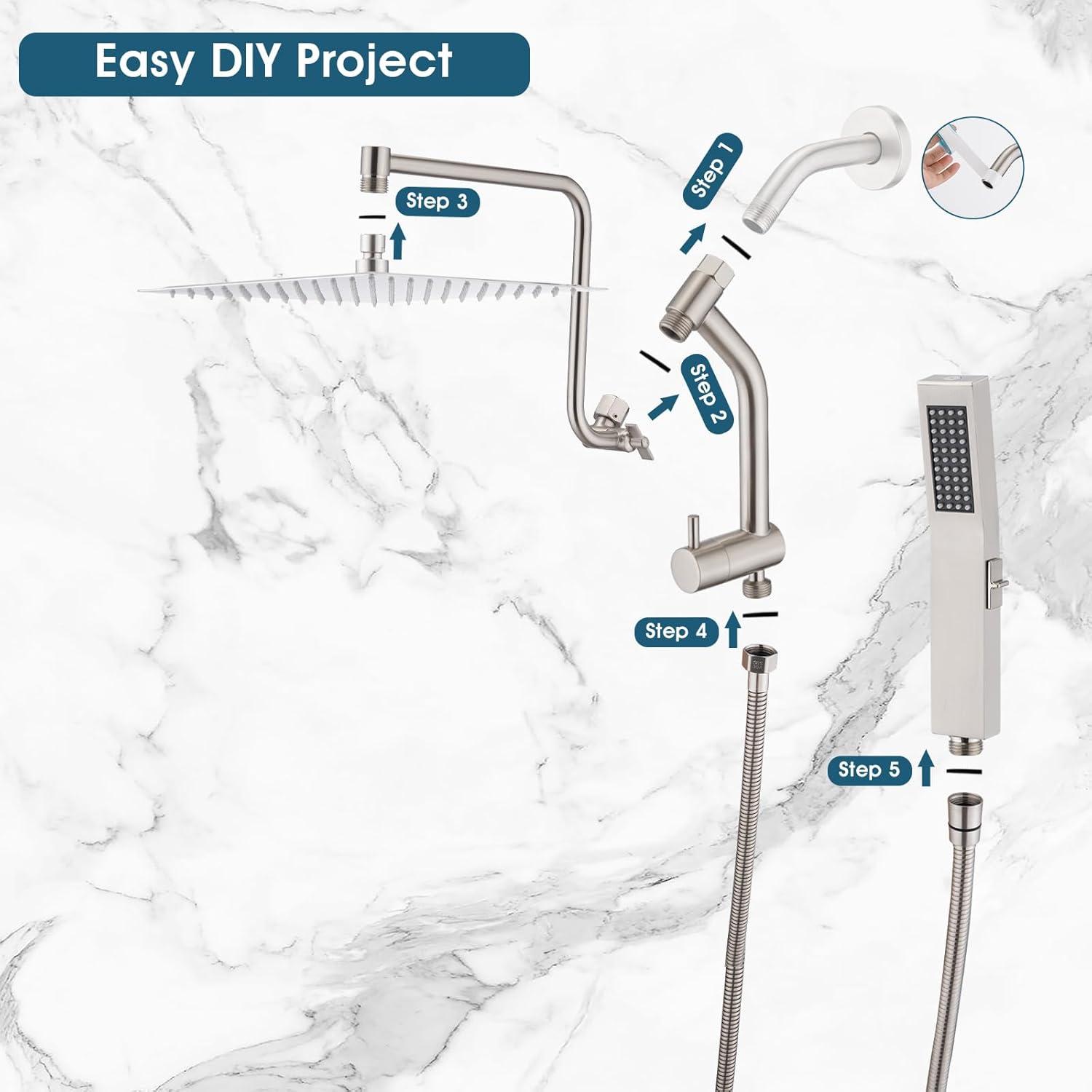 PDPBath All Metal 12'' Rainfall Shower Head with Handheld Combo, Upgrade 3-Way Diverter with Pause Setting, High Pressure Rain Shower Head with Z-shaped Extension Arm, 59" Hose, Brushed Nickel