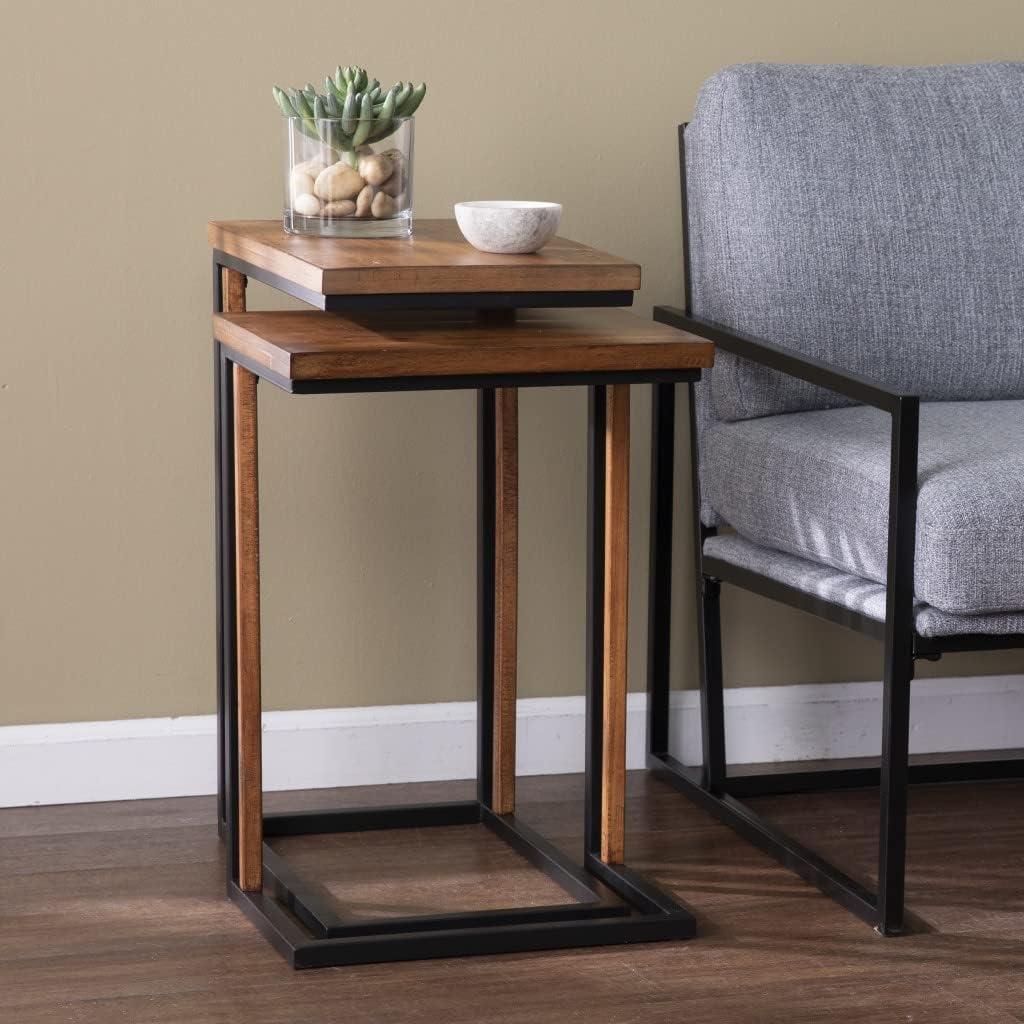 Set of Two 25" Brown Wood and Black Metal Nested End Tables