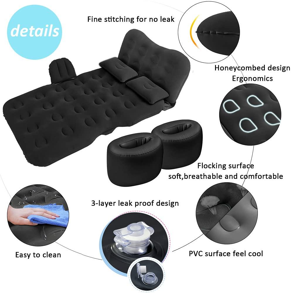 SAYGOGO Inflatable Car Air Mattress Travel Bed - Thickened Car Camping Bed Sleeping Pad with Air Pump 2 Pillows for Car Tent SUV Sedan Pickup Back Seat - Black