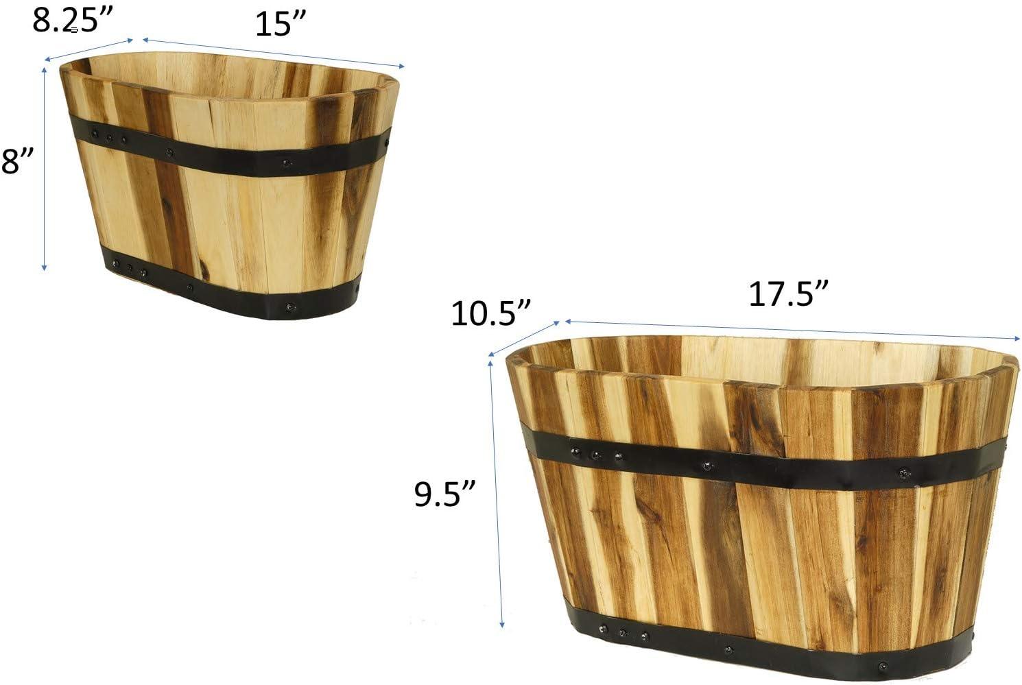 Set of 2 Acacia Wood Oval Barrel Planters with Metal Bands