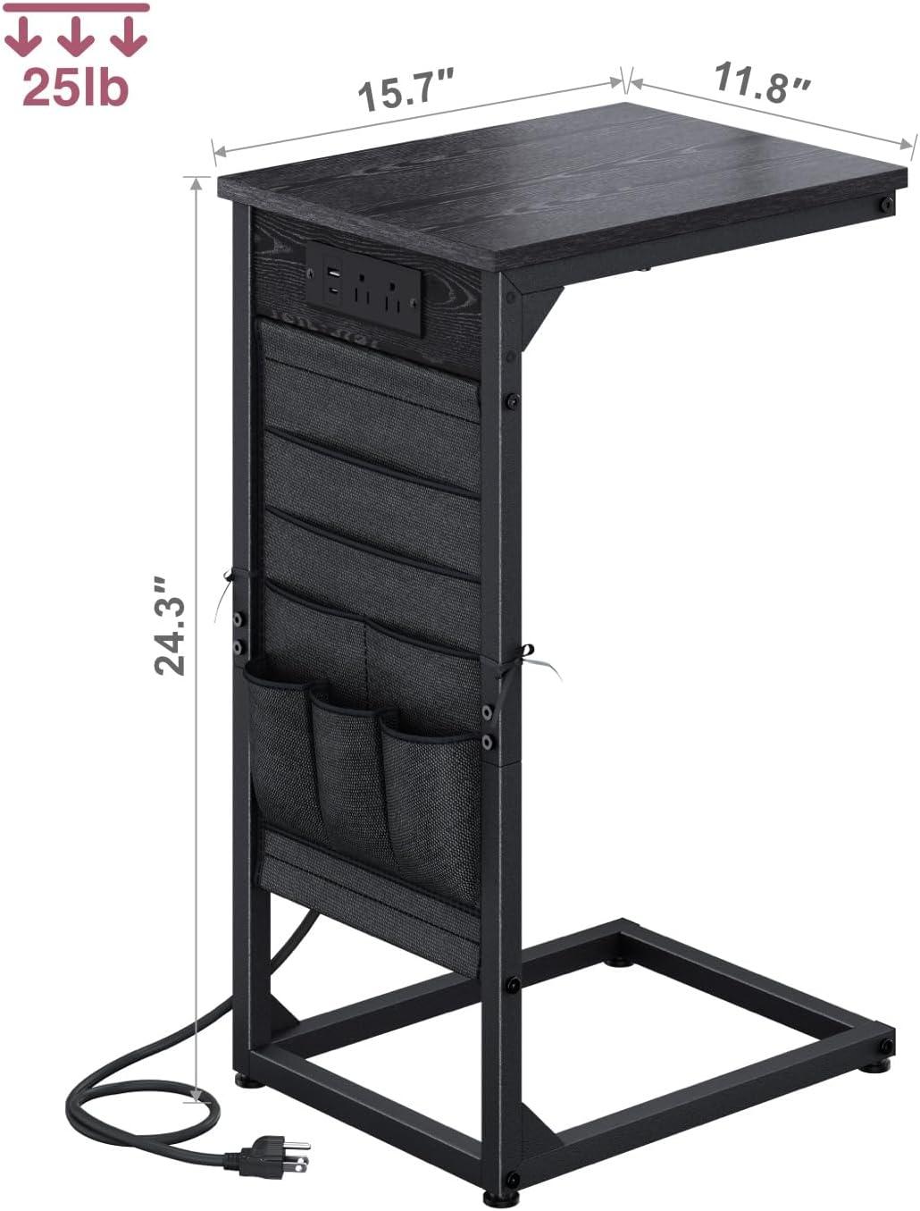 Black Metal C-Shaped End Tables with Charging Station