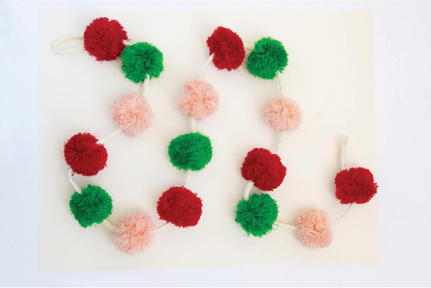 Festive Pink, Red, and Green Wool Pom Pom Garland