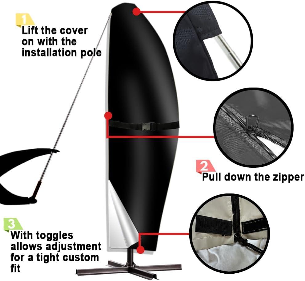 Umbrella Cover, 420D Waterproof Outdoor Patio Umbrella Cover For 8Ft To 12Ft Cantilever Offset Umbrella, Black