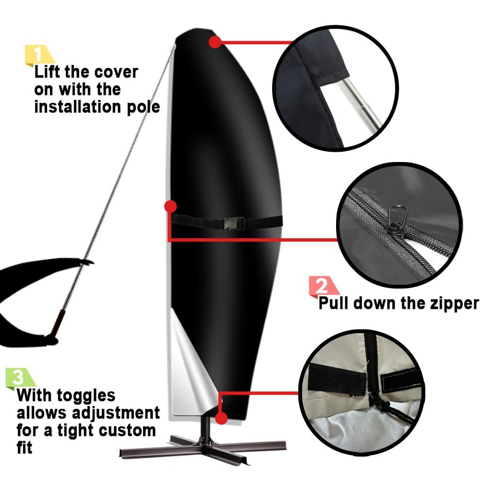 Umbrella Cover, 420D Waterproof Outdoor Patio Umbrella Cover For 8Ft To 12Ft Cantilever Offset Umbrella, Black