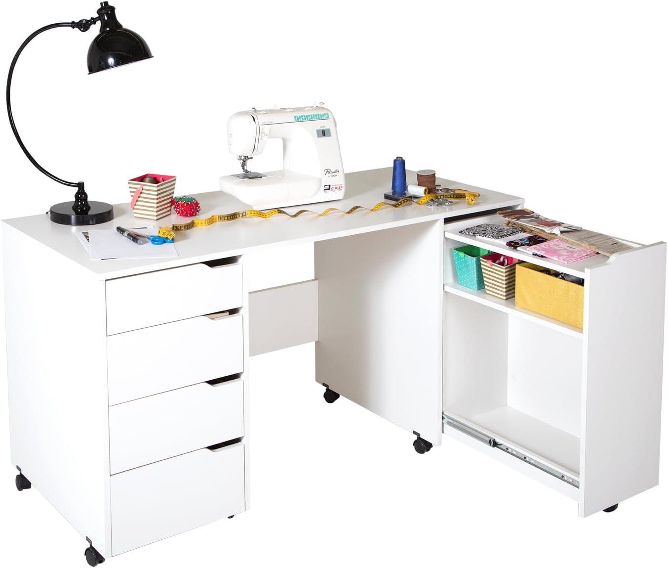 Pure White Mobile Craft Workstation with Drawers and Sliding Shelf