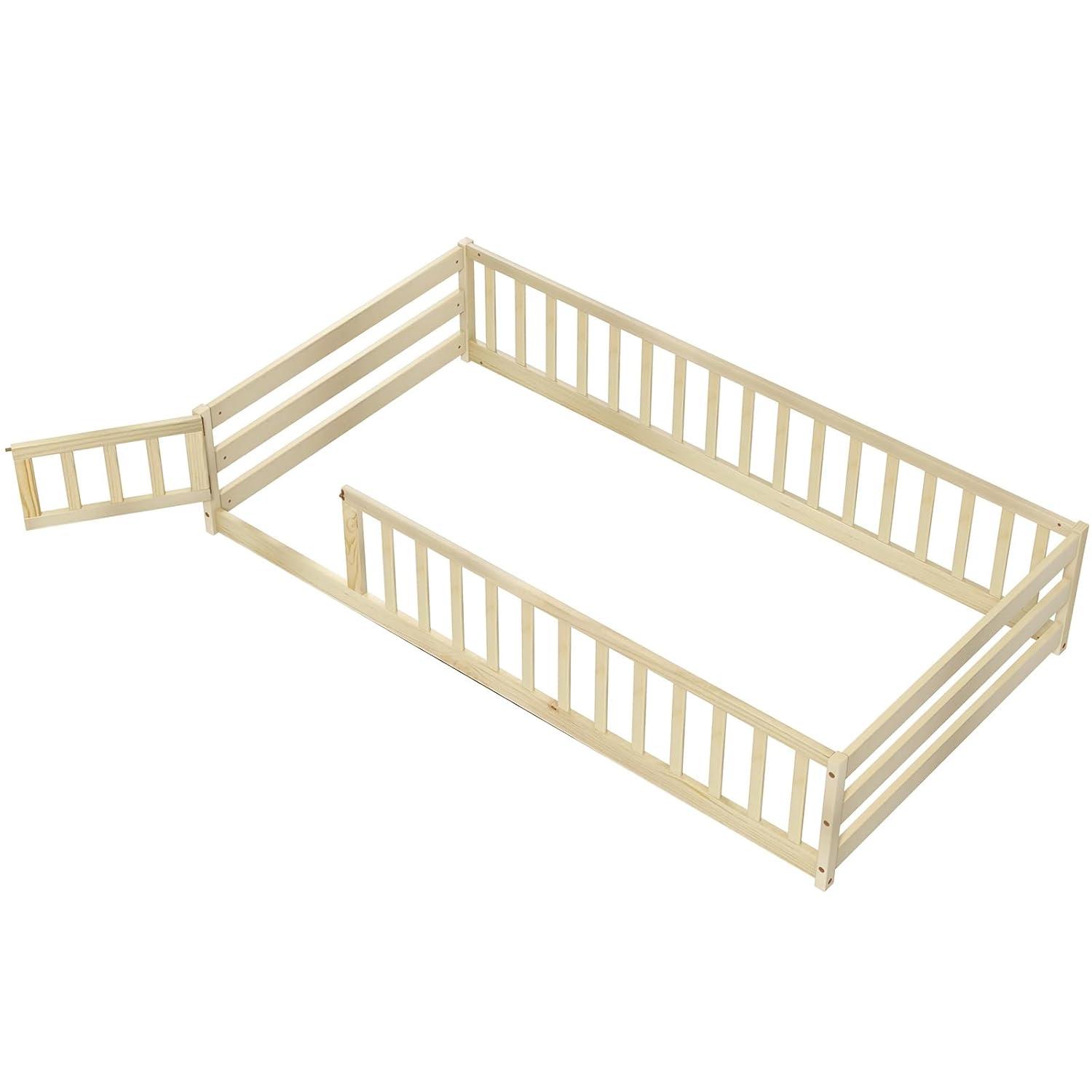 Giantex Twin Floor Bed with Door & Fence, Kids Wood Montessori Beds with Safety Guardrails, Floor Bed Twin for Kids, Boys, Girls, No Box Spring Needed, Natural