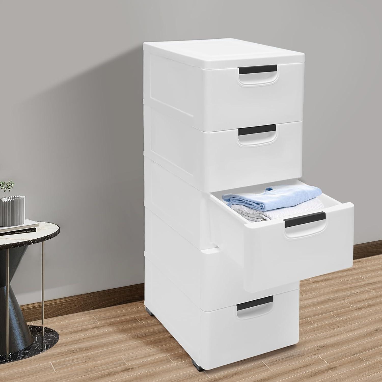 Aiqidi 5 Plastic Drawers Dresser, 5 Layers Vertical Stackable Storage Cabinet Bedroom Tower Closet Organizer w/4 Wheels (White)