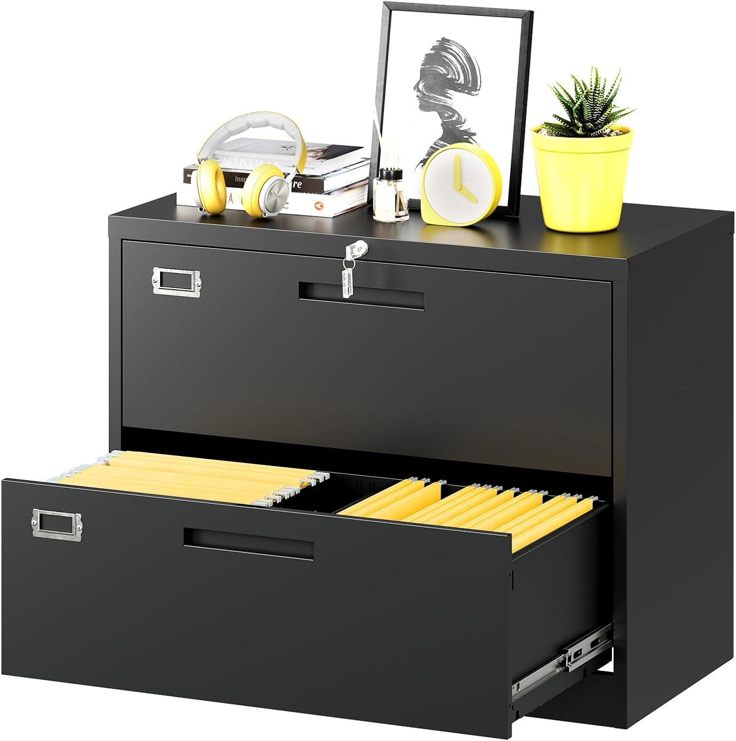 Black and Gray Metal 2-Drawer Lockable Lateral File Cabinet