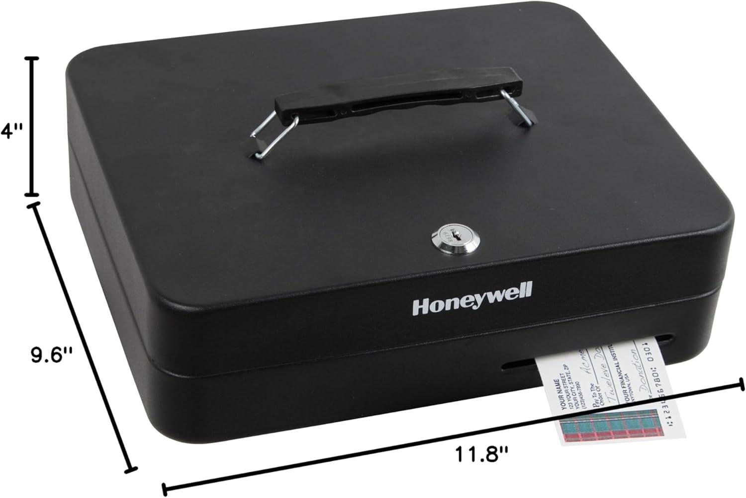 Honeywell Deluxe Steel Cash Box: Black Key Lock Safe with Removable Tray, 0.23 Volume, No Assembly Required