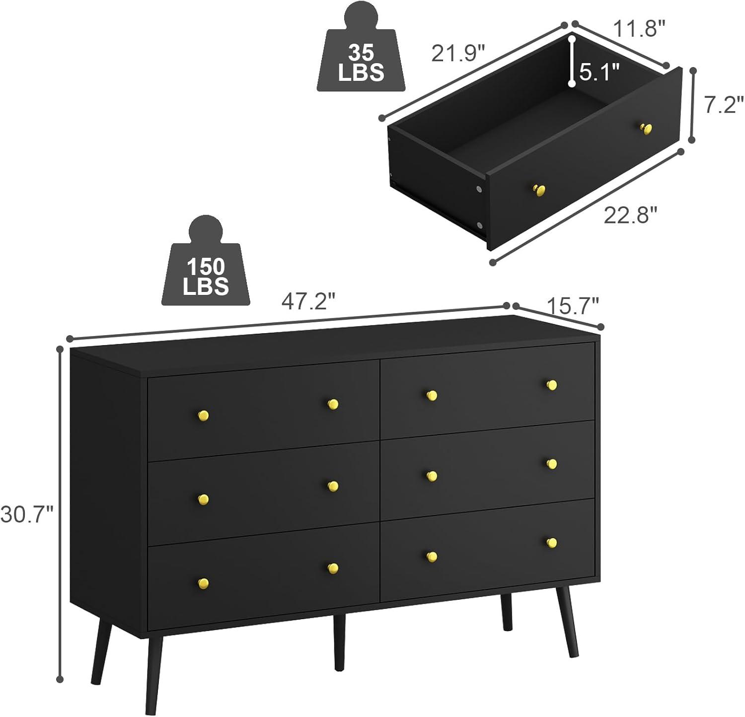 Black Dresser for Bedroom, Modern 6 Drawer Dresser, Wide Chest of Drawers with Gold Handles, Wood Double Dresser Storage Cabinet for Living Room, Bedroom, Hallway