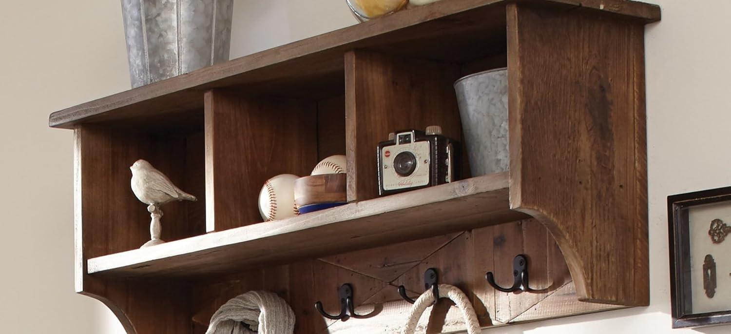 Natural Reclaimed Wood Wall Shelf with Coat Hooks