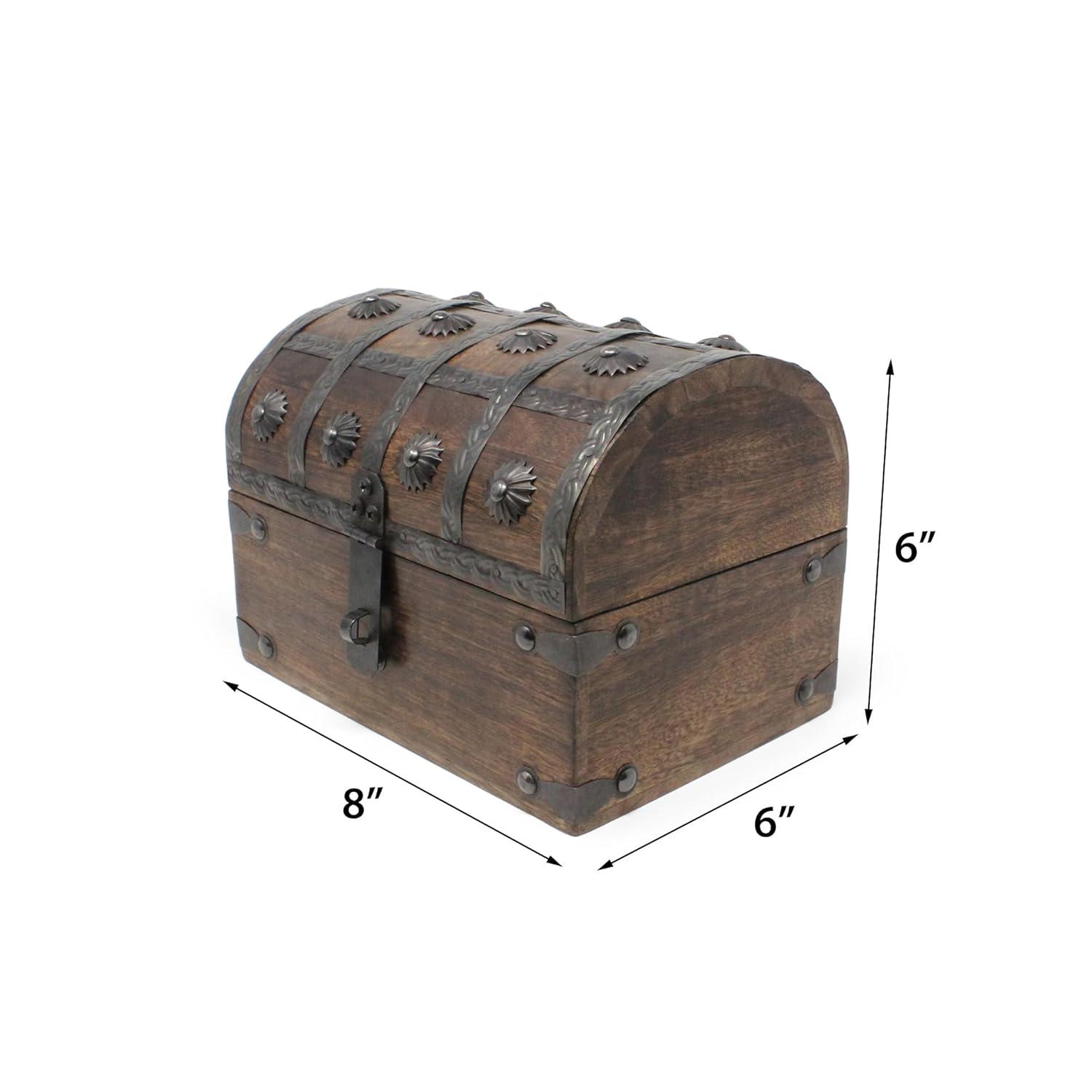 Nautical Cove Wooden Treasure Chest with Padded Velvet Lining and Antique Lock with Skeleton Keys (Small 8x6x6) – Luxury Wood Pirate Chest, Wooden Keepsake Box, Decorative Box with Lid