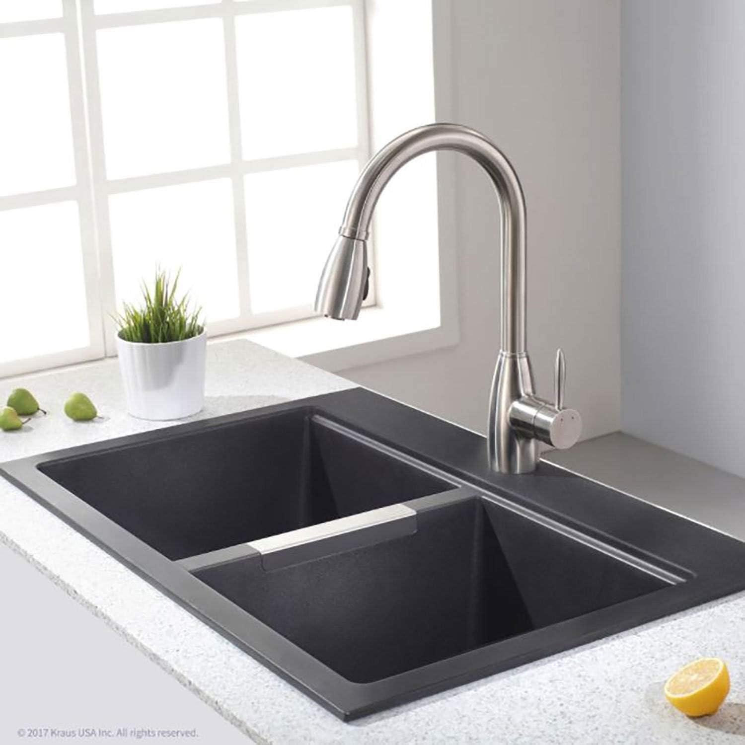 KRAUS 33 inch L Dual Mount 50/50 Double Bowl Granite Kitchen Sink w/ Top Mount and Undermount Installation in Black Onyx