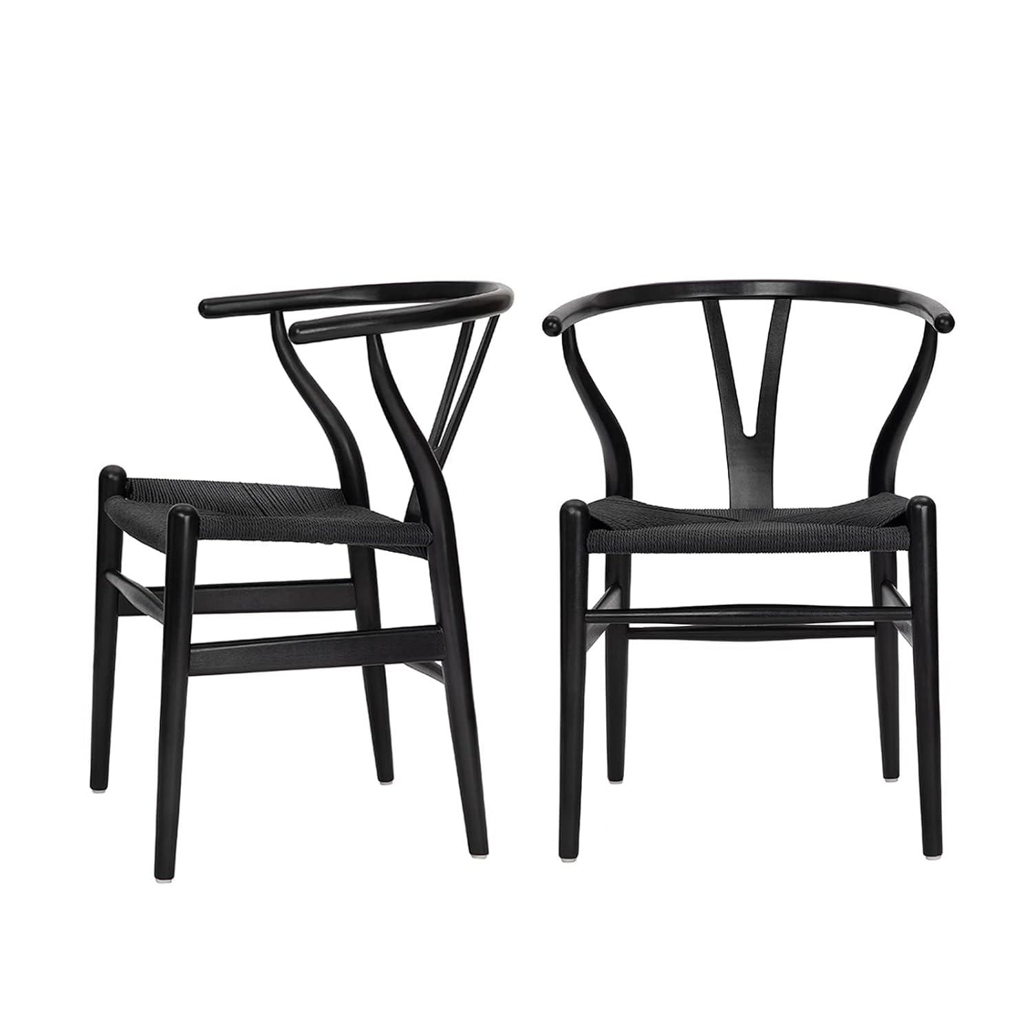 2xhome Set of 2 Wishbone Solid Wood Armchairs with Arms Open Y Back Farmhouse Dining Office Chairs with Woven Black Seat, Black