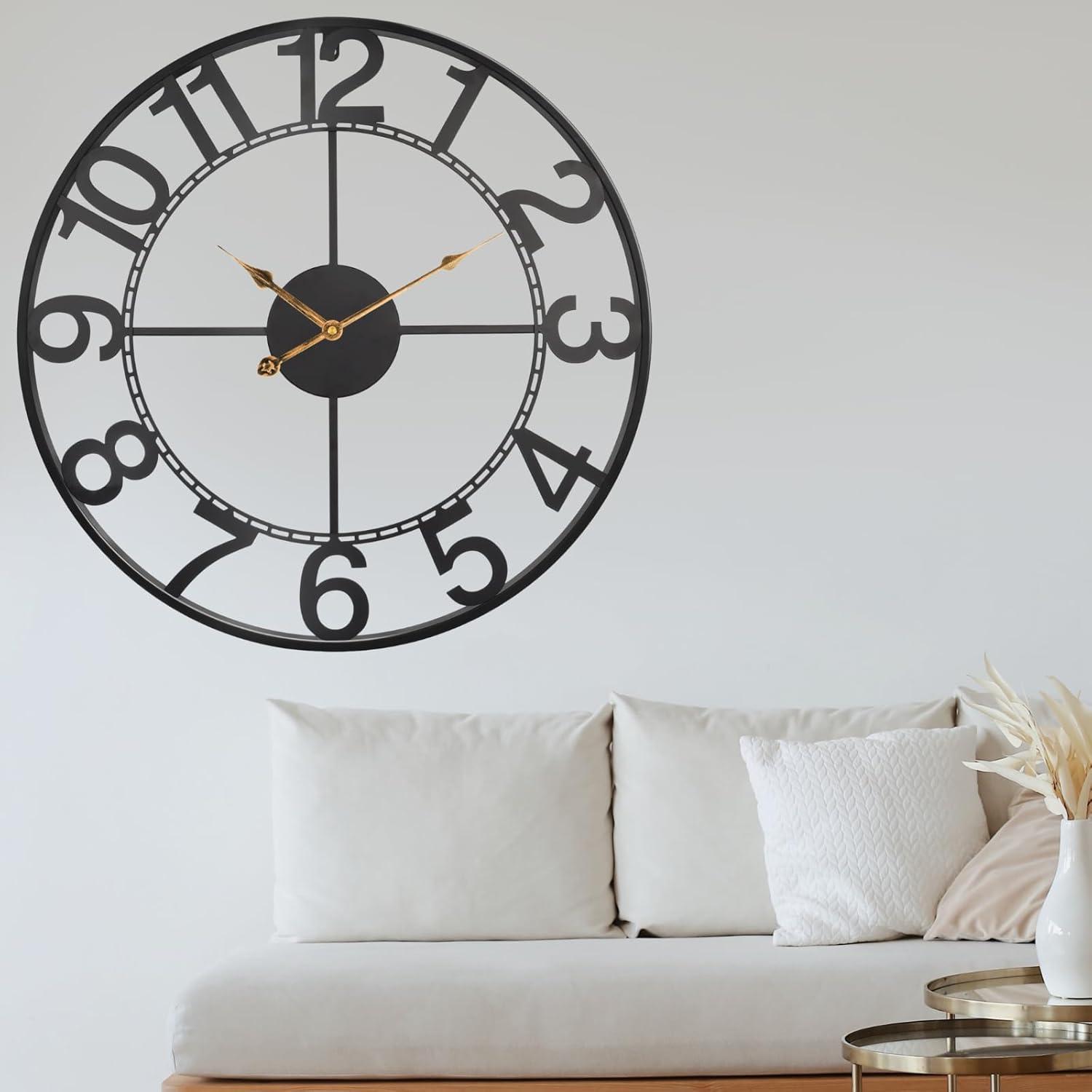 Oversized Black Metal Analog Wall Clock with Arabic Numerals