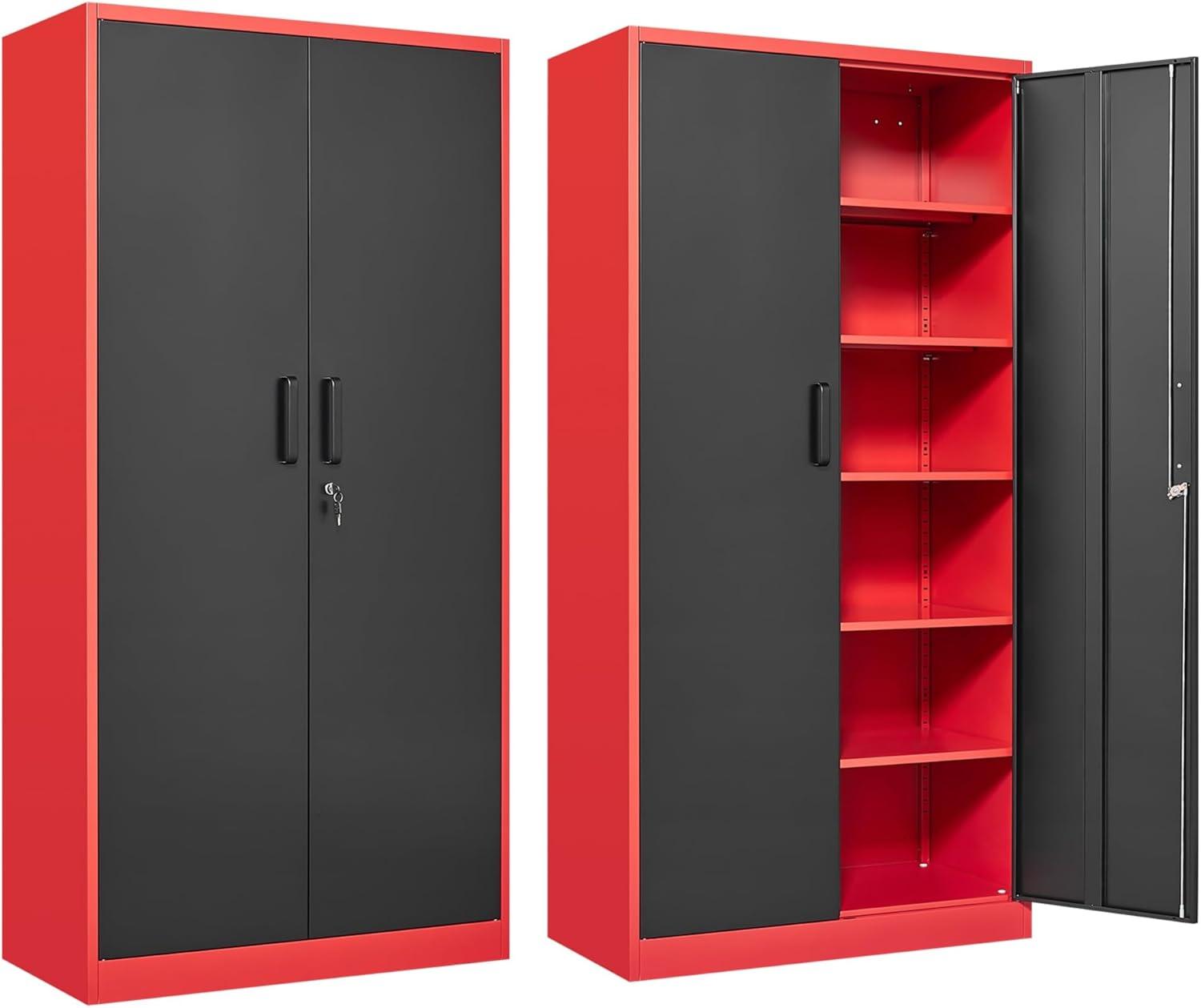 Yizosh Metal Storage Cabinet with Lock - 72" Garage Storage Cabinet with 2 Locking Doors and 5 Adjustable Shelves, Red Black Steel Lockable File Cabinet for Office,Home,Garage