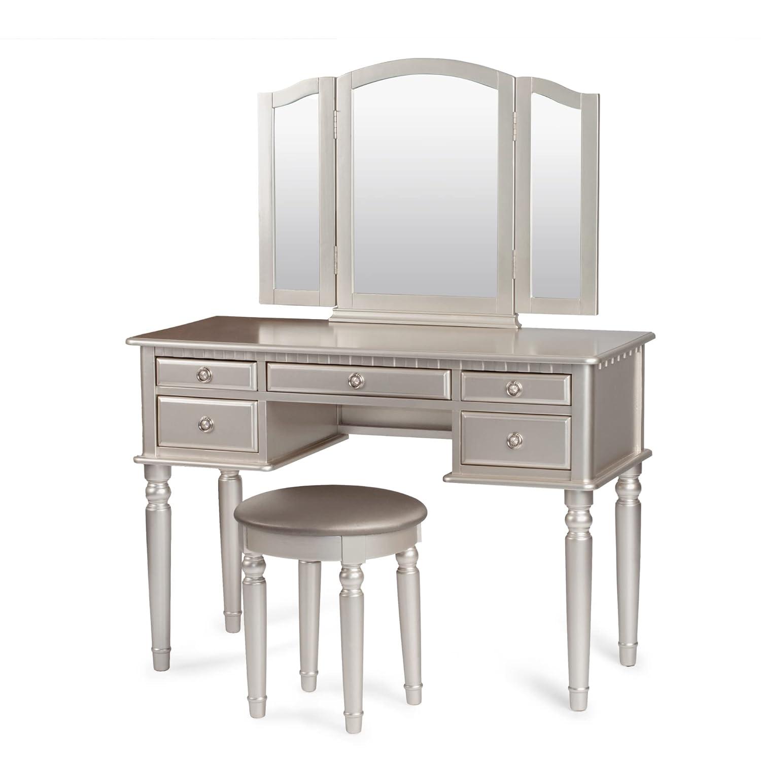 Saltoro Sherpi 3 Piece Adult Elegant Functional 5 Drawers and Stool Table Set Silver