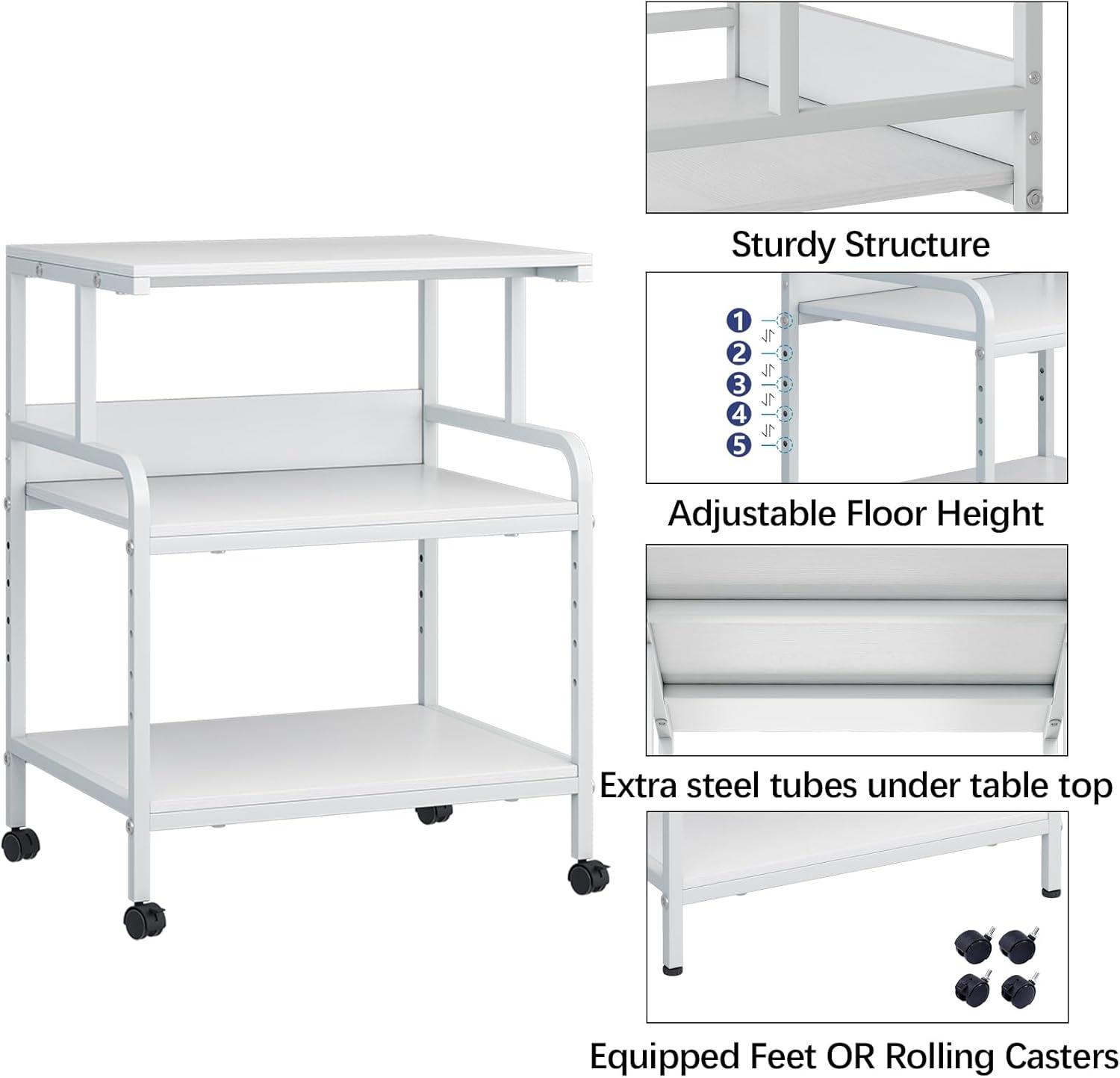 Large Printer Stand with Storage Shelf, 23.6" W x 18.9" D Printer Cart with Wheels, 3 Tier Mobile Printer Table for Home Office,Stands for Printer Heat Press Scanner Fax (White)