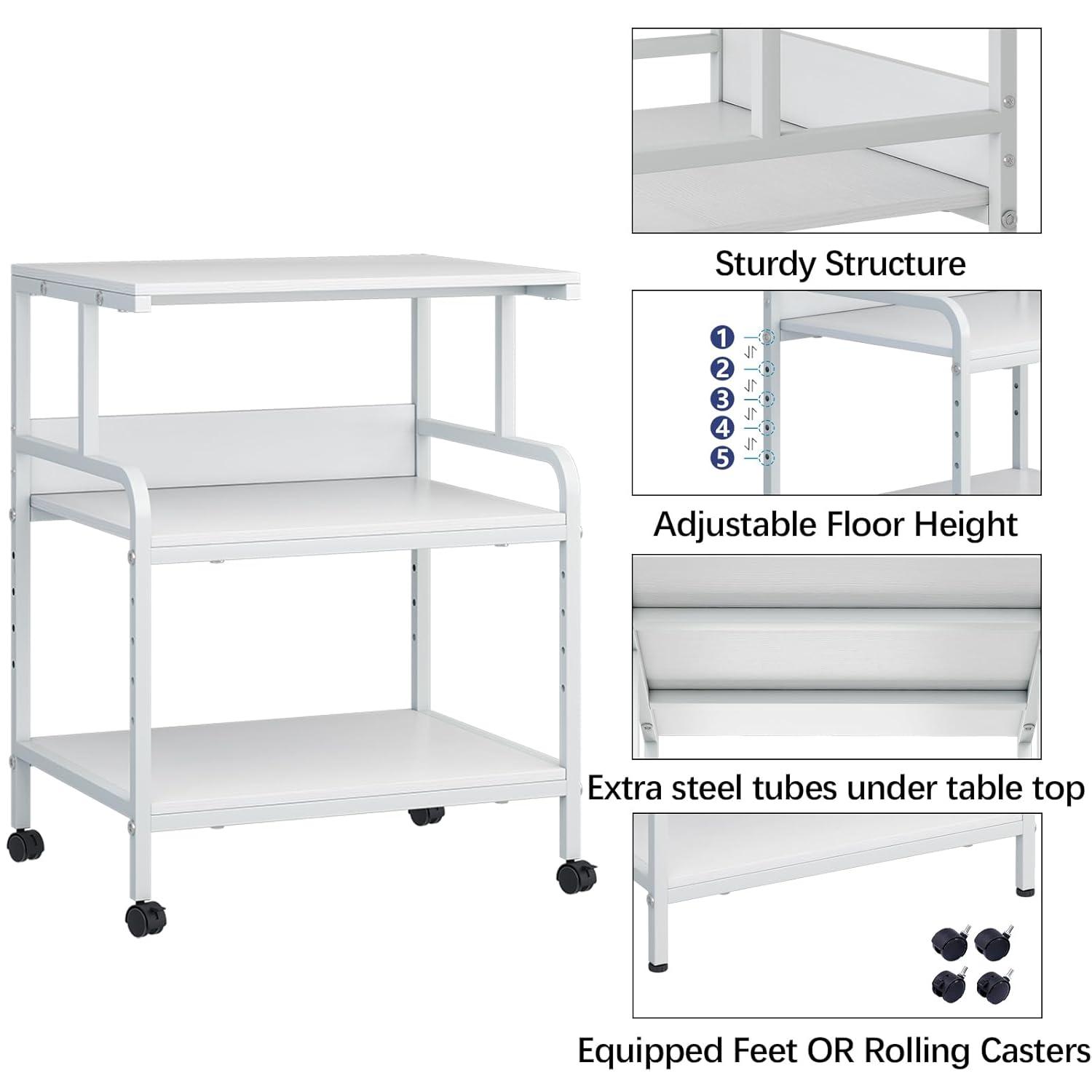 Large Printer Stand with Storage Shelf, 23.6" W x 18.9" D Printer Cart with Wheels, 3 Tier Mobile Printer Table for Home Office,Stands for Printer Heat Press Scanner Fax (White)