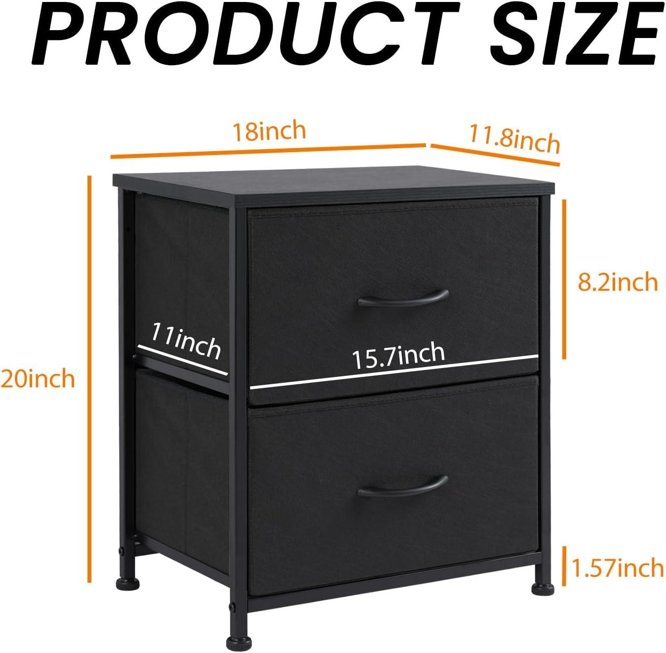 Black Fabric and Wood 2-Drawer Nightstand Set