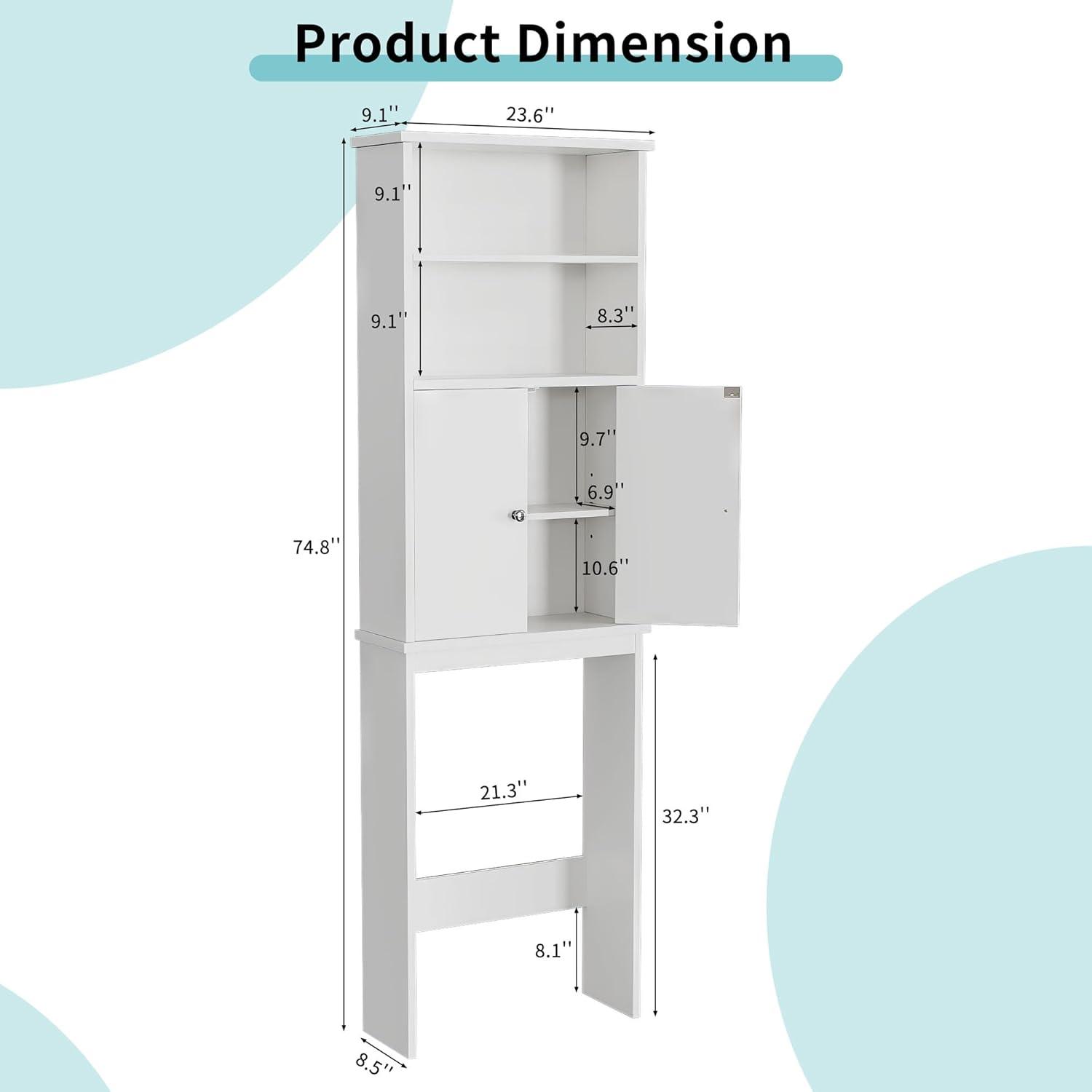 Shintenchi Over The Toilet Storage Cabinet, Bathroom above The Toilet Rack, Bathroom Adjustable Shelf Organizer with Open Bottom Bar and Anti-Tip Device, White