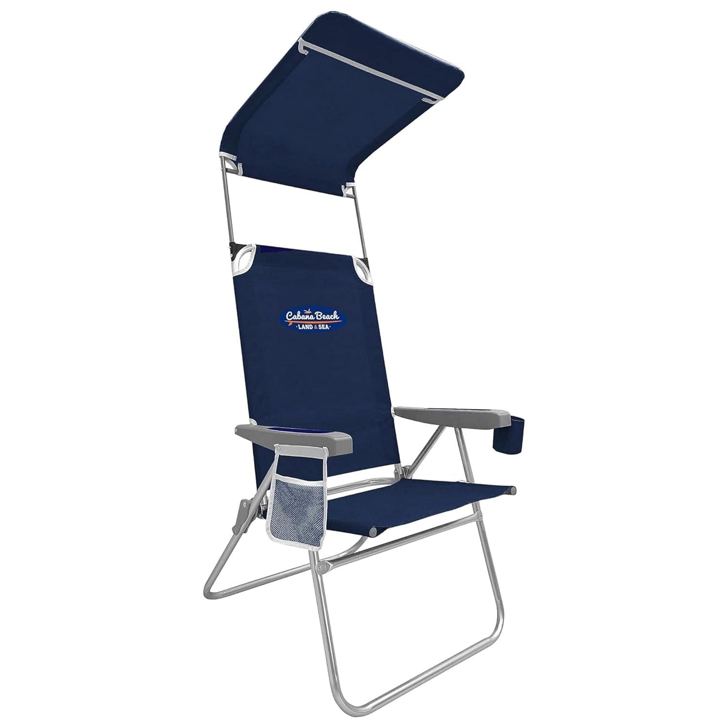 Cabana Beach High Back Beach Chair with Canopy, 225lb Capacity, Navy